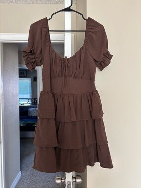 Inspired Hearts Brown Tiered Puff-Sleeve Mini Dress
